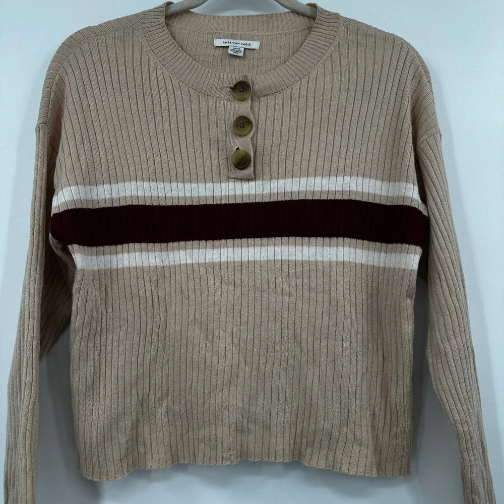 American Eagle Outfitters Ribbed Henley Crop Sweater‎ Beige Burgundy Stripes S